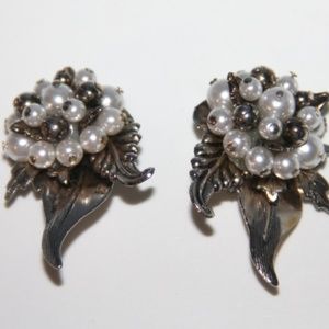 Unique Silver & Grey Pearl Cluster Flower Clip Ons